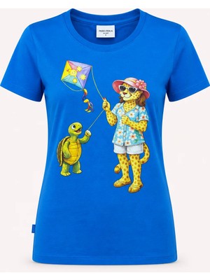 Piero Perla Jaguar Baskı Detaylı Bisiklet Yaka Slim Fit Kadın Mavi T-Shirt