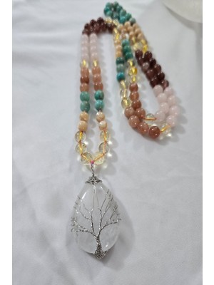 c-bhadu naturel Kristal Kuvars Uçlu 108 Li Mala Doğaltaş Kolye (Sitrin, Amazonit, Pembe Kuvars,esmer , Güneş Taşı, Çilek Kuvars )