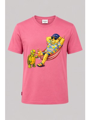 Piero Perla Jaguar Baskı Detaylı Bisiklet Yaka Regular Fit Erkek Pembe T-Shirt