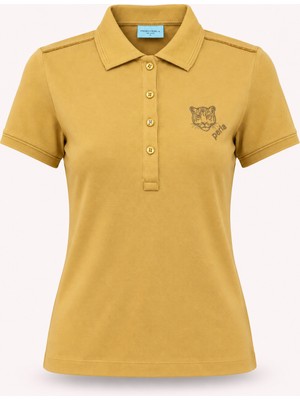 Piero Perla Kontür Jaguar Nakış Detaylı Slim Fit Kadın Hardal Polo Yaka T-Shirt