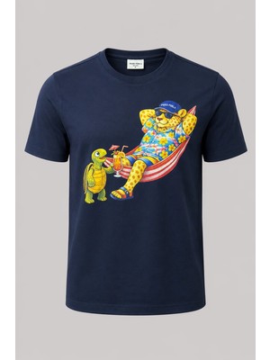 Piero Perla Jaguar Baskı Detaylı Bisiklet Yaka Regular Fit Erkek Lacivert T-Shirt