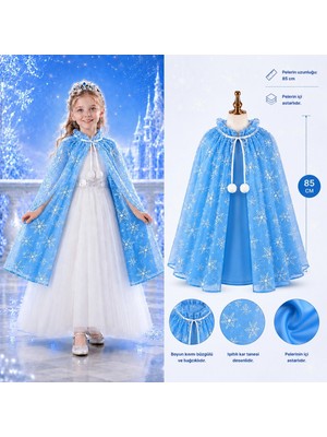 Marsilyan Kar Tanesi Desenli Mavi Elsa Pelerini - Astarlı Frozen Pelerini 85 cm (4887)