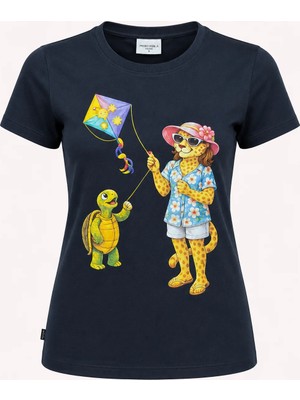 Piero Perla Jaguar Baskı Detaylı Bisiklet Yaka Slim Fit Kadın Siyah T-Shirt