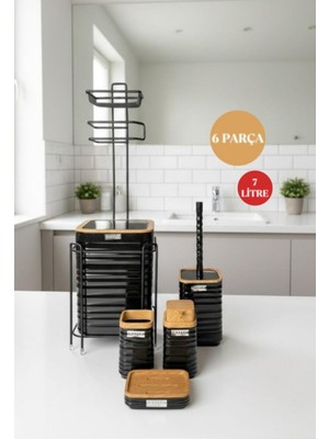 UltraMint Siyah Ahşap Dalgalı Desenli Yedekli Wc Kağıtlık ve 6 Parça Banyo Seti