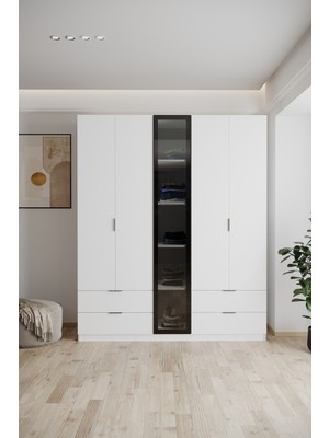 EVDEMO Safir Cam Kapaklı 5 Kapılı 4 Çekmeceli Gardırop 210 cm Beyaz