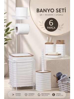 UltraMint Kırık Beyaz Dalga Desenli Ahşap Detaylı 6 Parça Banyo Seti