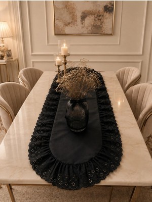 Nurgita Home Fistolu Fırfırlı Duck Keten Siyah Runner & Dekoratif Masa Örtüsü ( 45X 115 cm )