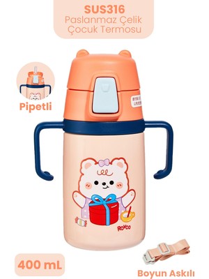 Vagonlife Rovco 400 ml 316L Paslanmaz Çelik Pipetli Çocuk Termosu Taşıma Kulplu Askılı Çift Duvar -FFR400ML4011