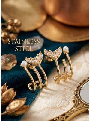 Stainless Steel Pirinç Zirkon Taşlı Inci Detaylı Balık Kuyruğu Model Gold Renk Küpe