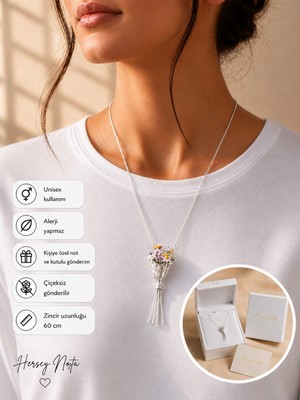 Herşey Nota Kurutulmuş Çiçek Yerleştirilebilir Buket Kolye – Gümüş Renk Unisex Kolye