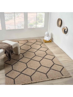 Pera Halı Siyah Bej Altıgen Geometrik Modern Jüt Görünümlü Halı - L669HIIN