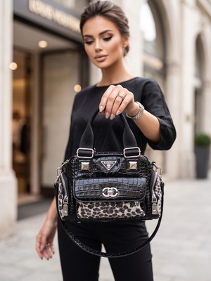Oueen Elizabeth 6 Gözlü Leopar Desen Kroko Rugan A Kalite Kadın El-Omuz Çantası