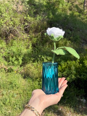 Suhe El Yapımı Mavi Renkli Epoksi Vazo ve Örgü Çiçek Seti