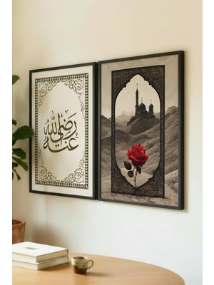 Zevahir Mobilya Dekorasyon Radiyallahu Anh Gül ve Cami Temalı Ikili Ahşap Tablo Siyah Ahşap Çerçeveli Ev ve Iş Tablosu