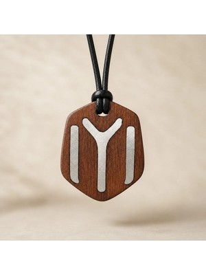 Tamgacrafts El Yapımı Kayı Boyu Iyi Sembol Kolye, Çift Taraflı Metal Döküm Detaylı Ahşap Gövde, Ayarlanabilir Deri Ipli 35X42 mm