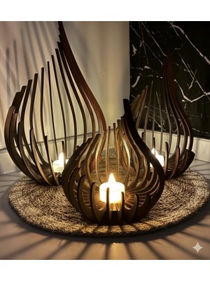 Ceren 3'lü Dekoratif Ahşap Büyük Boy Parametrik Mumluk Seti -Tealight Mumluk Şamdan- 31 cm Ceviz