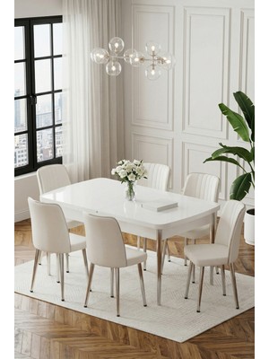 Deren Home Ada Gümüş Serisi 80X132 Açılabilir Masa +6 Adet Silinebilir Sandalye Metal Ayaklı Masa Takımı