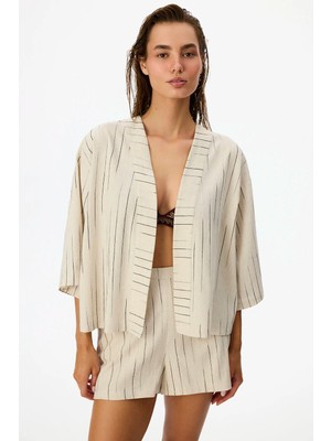 Penti Naya Çizgili Keten 3/4 Kollu Kimono