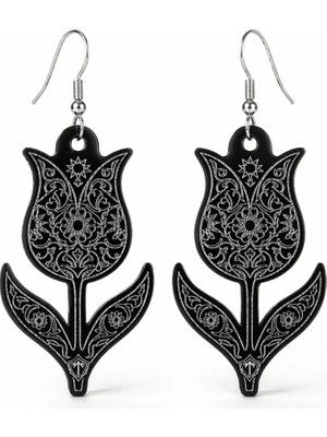 Tamgacrafts Kadın Siyah Akrilik Lale Küpe - Geleneksel Motifli Lazer Kesim Hafif Tasarım (4 Cm)
