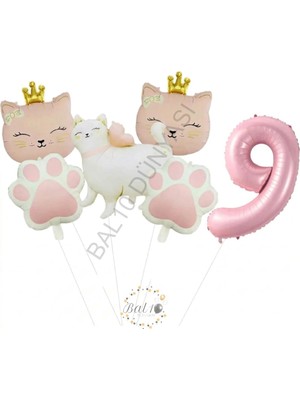 Bal10 Dünyası Pembe Rakam Patili Kedi Konsept Doğum Günü Parti Seti Yaş-9