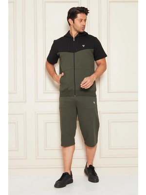 Trendhill Erkek Pamuklu Kapüşonlu Kapri Takım Siyah / Haki 7501-S.H.