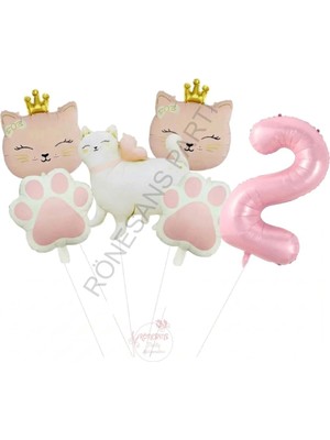 Rönesans Parti Pembe Rakam Patili Kedi Konsept Doğum Günü Parti Seti Yaş-2