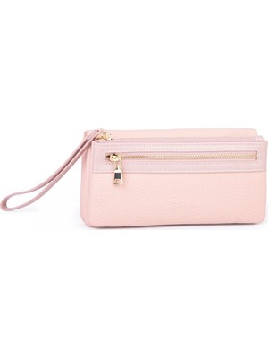 Nas Bag Kadın Yumuşak Dokulu Çok Kartlıklı ve Çok Gözlü Bilek Askılı  Büyük Boy Cüzdan Pembe