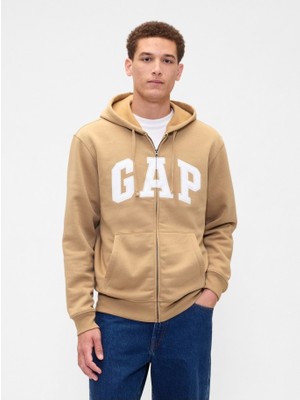 Gap Erkek Krem Logo Relaxed Fleece Fermuarlı Sweatshirt