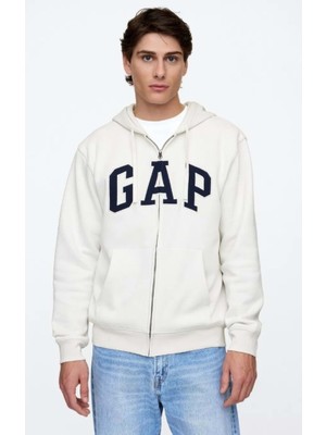 Gap V-Heritage Logo Fz-Snl 674144 Erkek Kapüşonlu Fermuarlı Sweatshirt Beyaz