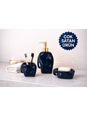 UltraMint 3’lü Seramik Fil Figürlü Lacivert Banyo Seti: Diş Fırçalık, Sabunlukler