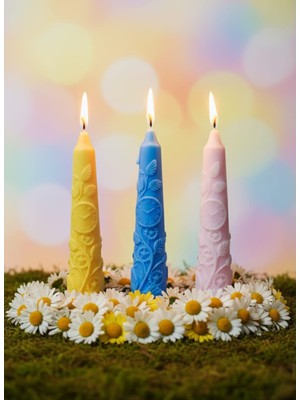 AY IŞIĞI MUMLARI Sarmaşık Saatli 3'lü Hediyelik Dekoratif Hoş Kokulu Soya Wax Şamdan Mum (Sarı + Mavi + Pembe Renkli)