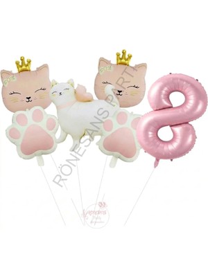 Rönesans Parti Pembe Rakam Patili Kedi Konsept Doğum Günü Parti Seti Yaş-8