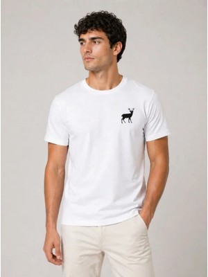 Marsilyan- Erkek Minimal Geyik Logolu Tişört Bisiklet Yaka Kısa Kol Yazlık T-Shirt - Beyaz