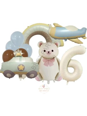 Best Parti Latex Balon Gökkuşağı Uçak  Polis Arabası Ayıcıklı Doğum Günü Balon Seti Yaş-6