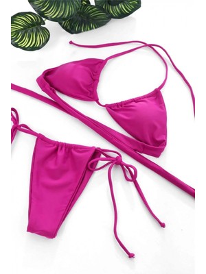 Marsilyan Kadın Fuşya Üçgen Bikini Takımı Yandan Bağlamalı Tangalı Canlı Renk Şık Mayo Seti