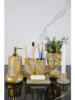 UltraMint 8 Parça Beton Banyo Seti, Çiçekli Saksı, Sabunluk, Diş Fırçalık, Tütsülük