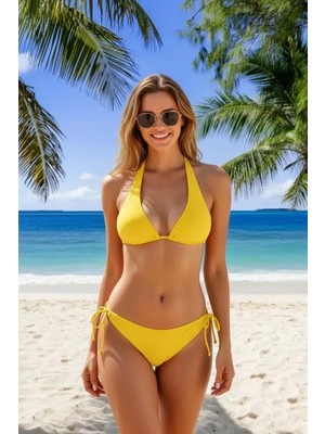 Marsilyan Sarı Üçgen Kesim Bağlamalı Bikini Takımı Ayarlanabilir Ipli Alt Üst Esnek Rahat Kadın Mayo Seti