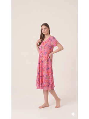 Sibel Günay Butik Çiçek Desenli Italyan %100 Pamuk Salaş Pembe Yazlık Elbise -110 cm