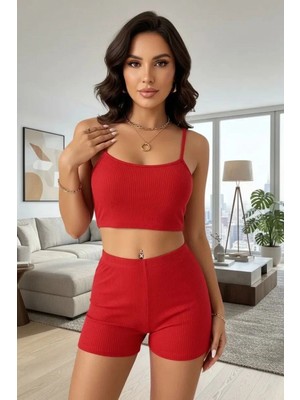 Marsilyan Kadın Kırmızı Kaşkorse Şortlu Crop Atlet Takım Esnek Kumaş Yüksek Bel