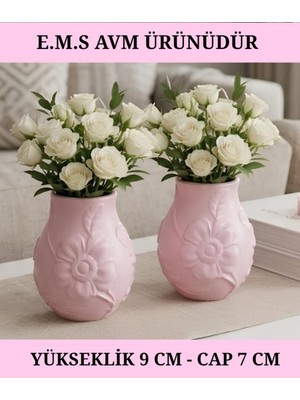 E.M.S 2 Adet Pastel Pembe Renk Çiçek Desenli Vazo Dekoratif Vazo Dekoratif Saksı.