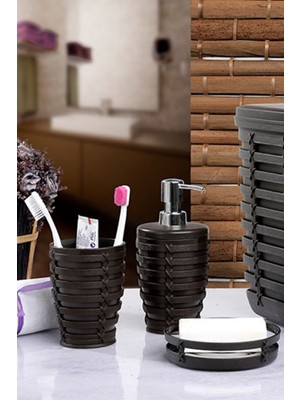 UltraMint Palm 3'lü Banyo Seti, Sıvı Sabunluk, Sabunluk ve Diş Fırçalık, Kahverengi