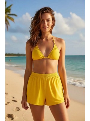 Marsilyan Sarı Şortlu Bağlamalı Bikini Takımı Üçgen Kesim Ayarlanabilir Esnek Kumaş Kadın Mayo Seti