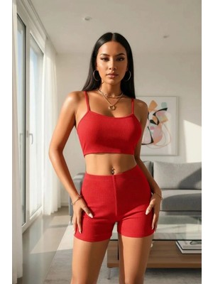 Marsilyan Kadın Kırmızı Kaşkorse Şortlu Crop Atlet Takım Esnek Kumaş Yüksek Bel