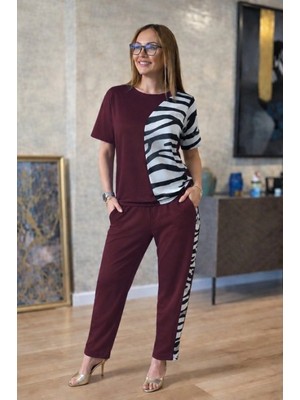 Marsilyan- Kadın Kısa Kollu Bisiklet Yaka Zebra Desen Bluz ve Pantolon Ikili Takım