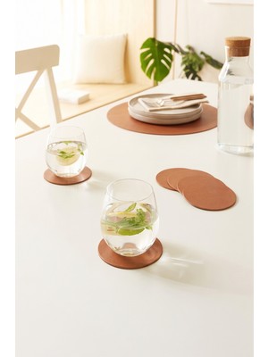 Home Wave 4'lü Taba/gri Renk Suni Deri Bardak Altlığı Ø 10 cm