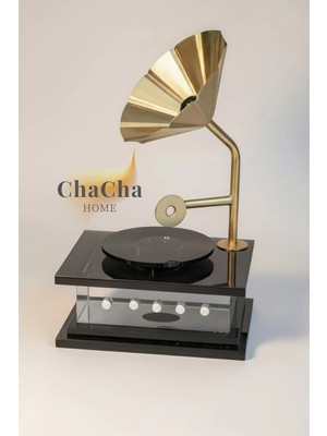 Ynsk Luxury Siyah Kristal Cam Nostaljik Gramofon Obje 29X20 cm - Gold Metal Borulu Lüks Ofis Masası Aksesuarı Biblo