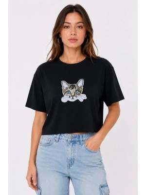 Marsilyan- Kedi Baskılı Oversize Crop Tişört Salaş Basic Yarım Kol T-Shirt - Siyah