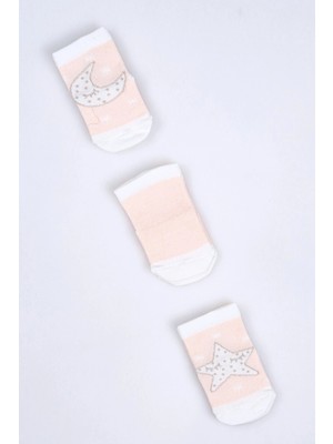 Cocole Socks Kız Bebek Soket Çorabı 3’lü Set – Pamuklu Somon Ay & Yıldız Desenli