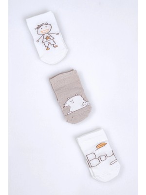 Cocole Socks Erkek Bebek Soket Çorabı 3’lü Set – Pamuklu Kahverengi Ayıcık & Çocuk Figür Desenli