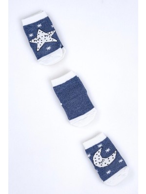 Cocole Socks Erkek Bebek Soket Çorabı 3’lü Set – Pamuklu Lacivert Ay & Yıldız Desenli